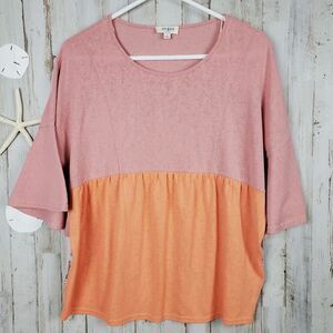Umgee Color Block Lace Back Bell Sleeve Top Pink Orange Size Small